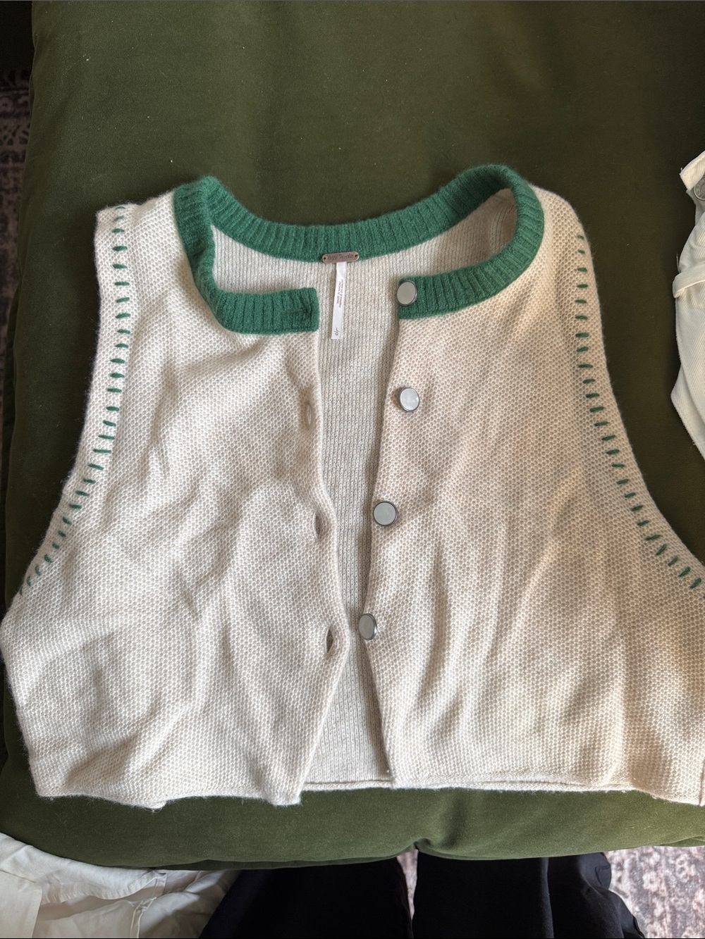 Free People Cream Knit Button-Front Sweater Vest with Green Trim